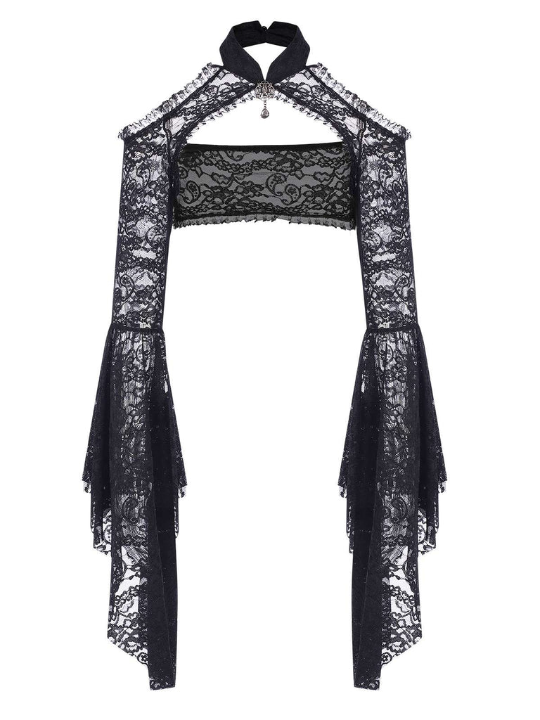 Black 1960s Flare Sleeved Lace Rhinestone Sheer Cape, vintage fashion, retro style - perfect for women who love vintage and retro fashion