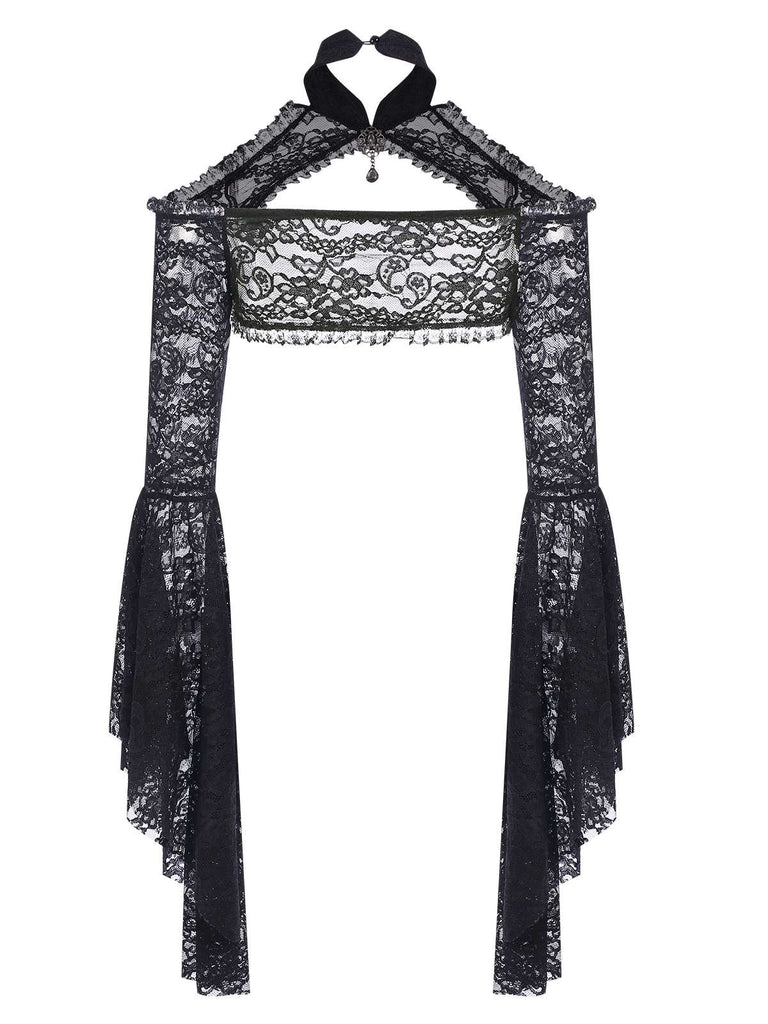 Black 1960s Flare Sleeved Lace Rhinestone Sheer Cape, vintage fashion, retro style - perfect for women who love vintage and retro fashion