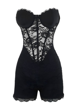 Black 1960s Floral Lace Bandeau Romper - vintage jumpsuit, retro fashion, classic black