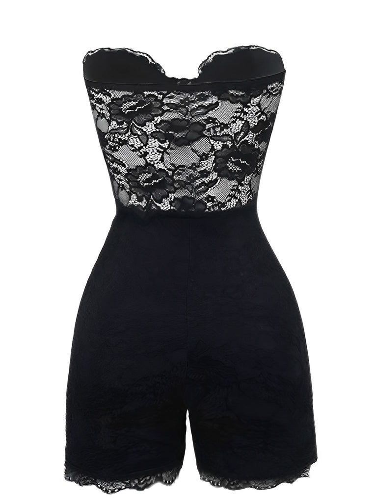 Black 1960s Floral Lace Bandeau Romper - vintage jumpsuit, retro fashion, classic black