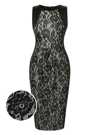 Black 1960s Floral Lace Slit Sleeveless Dress, vintage dress, retro fashion, floral print, lace detail - perfect for women who love vintage and retro fashion