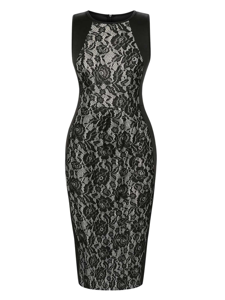 Black 1960s Floral Lace Slit Sleeveless Dress, vintage dress, retro fashion, floral print, lace detail - perfect for women who love vintage and retro fashion
