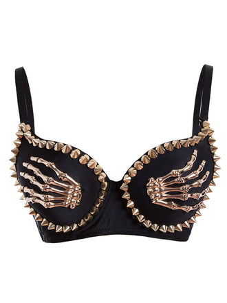 Black 1960s Gothic Punk Skeleton Hand Rivet Top - vintage fashion, retro style, classic black