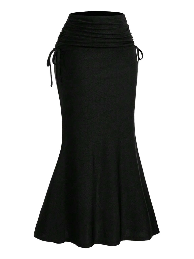 Black 1960s Gothic Ruched Mermaid Maxi Skirt - vintage skirt, retro style, classic black