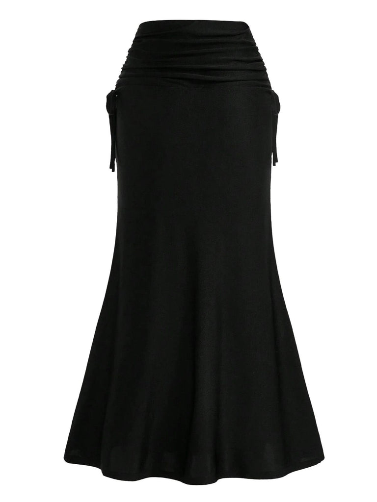 Black 1960s Gothic Ruched Mermaid Maxi Skirt - vintage skirt, retro style, classic black