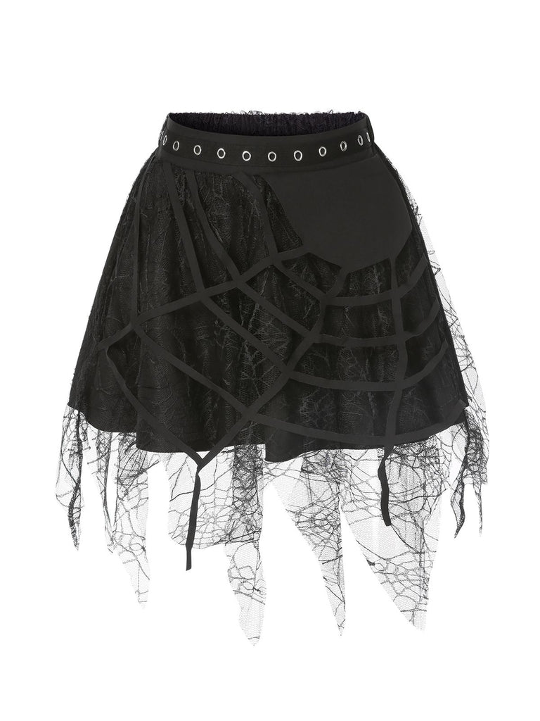 She sways in this Black 1960s Grommet Halloween Spider Web Lace Skirt and it's pure 1960s magic