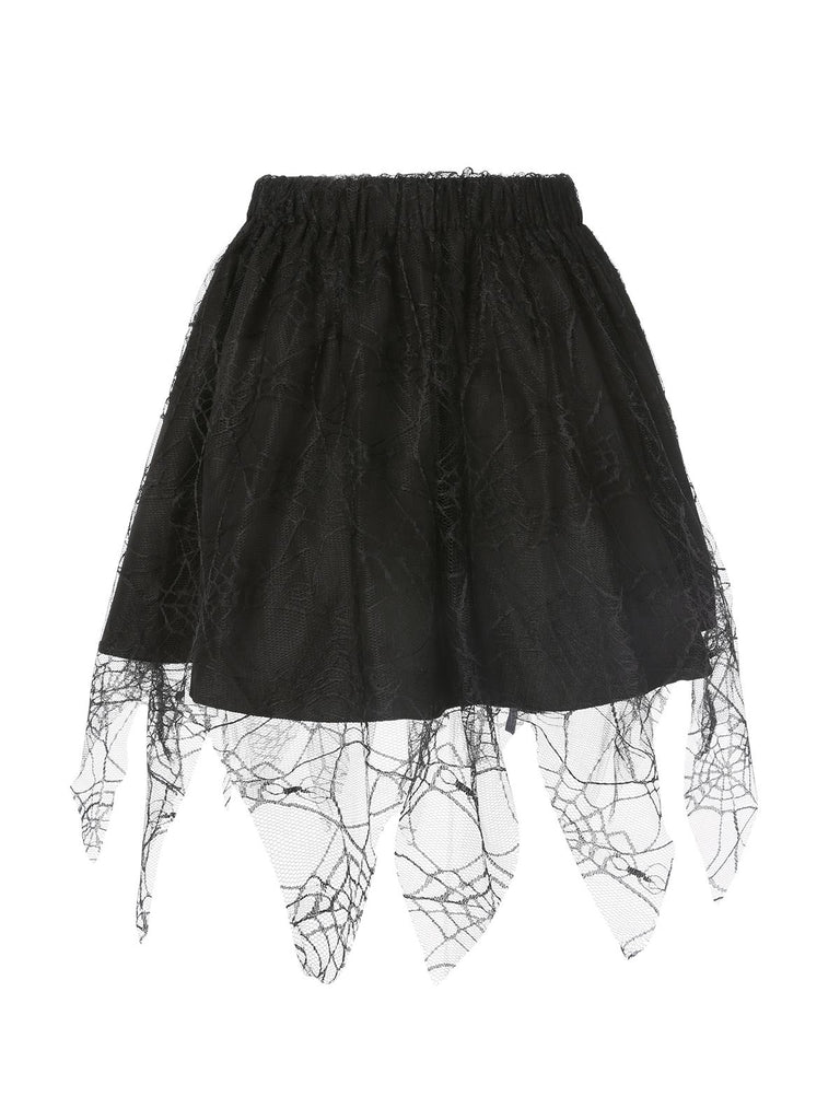 This Black 1960s Grommet Halloween Spider Web Lace Skirt spins 1960s stories with every step