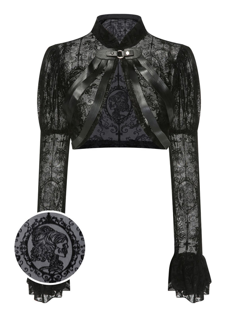 Black 1960s Halloween Lace Gothic Buckle Top - vintage fashion, retro style, classic black