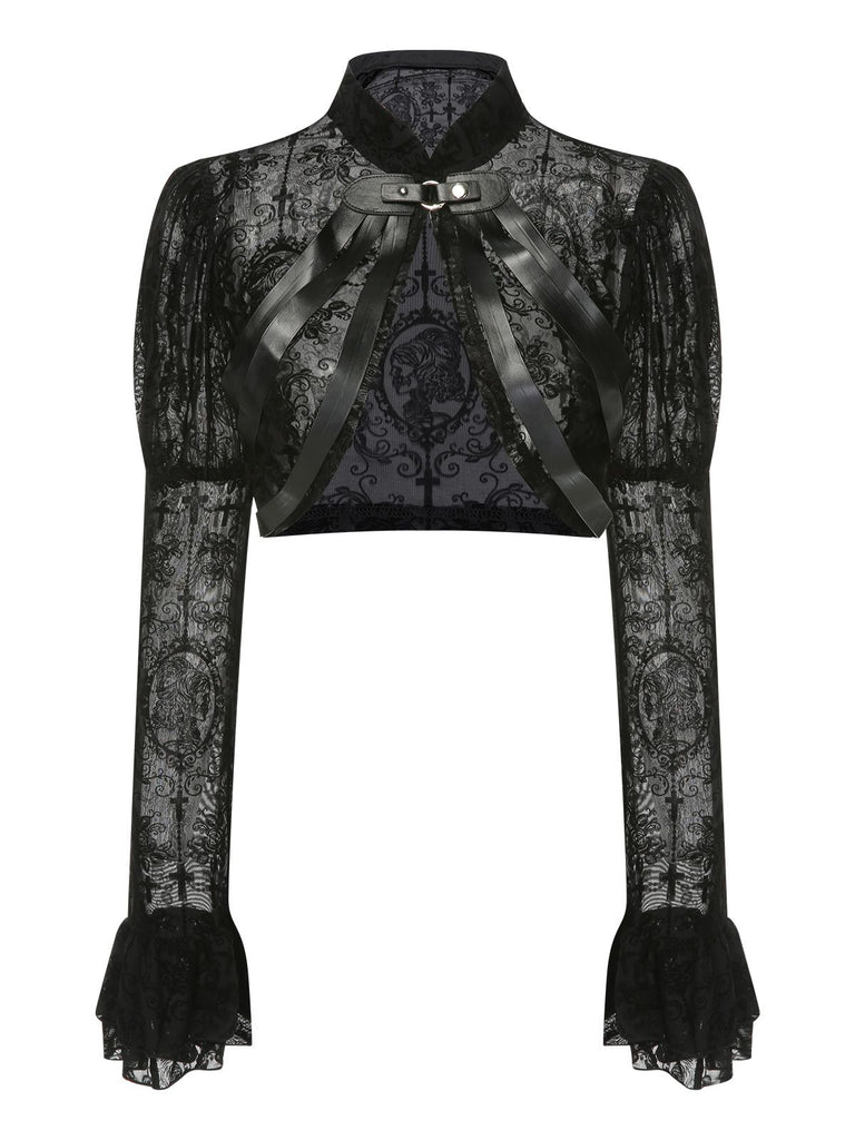 Black 1960s Halloween Lace Gothic Buckle Top - vintage fashion, retro style, classic black