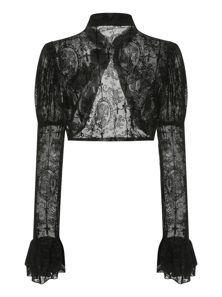 Black 1960s Halloween Lace Gothic Buckle Top - vintage fashion, retro style, classic black