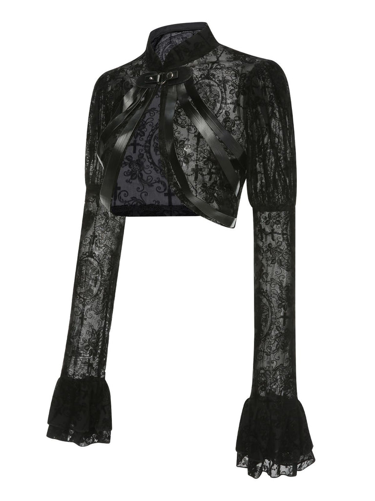 Black 1960s Halloween Lace Gothic Buckle Top - vintage fashion, retro style, classic black