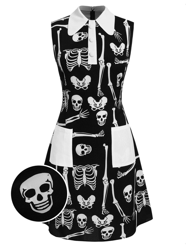 She slips into this Black 1960s Halloween Skeleton Lapel Mod Dress and suddenly it's a 1960s daydream