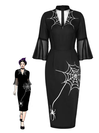 Black 1960s Halloween Spider Net Bell Pencil Dress, vintage dress, retro fashion - perfect for women who love vintage and retro fashion