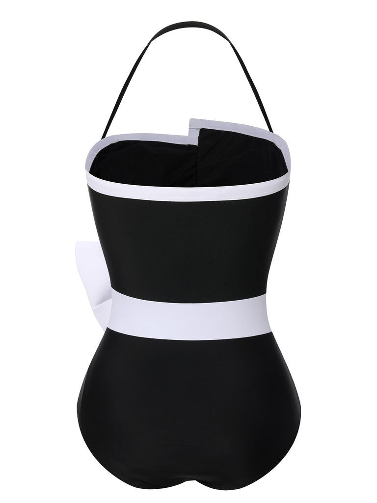 This Black 1960s Halter Bow Colorblock Swimsuit carries 1960s vacation dreams in every stitch