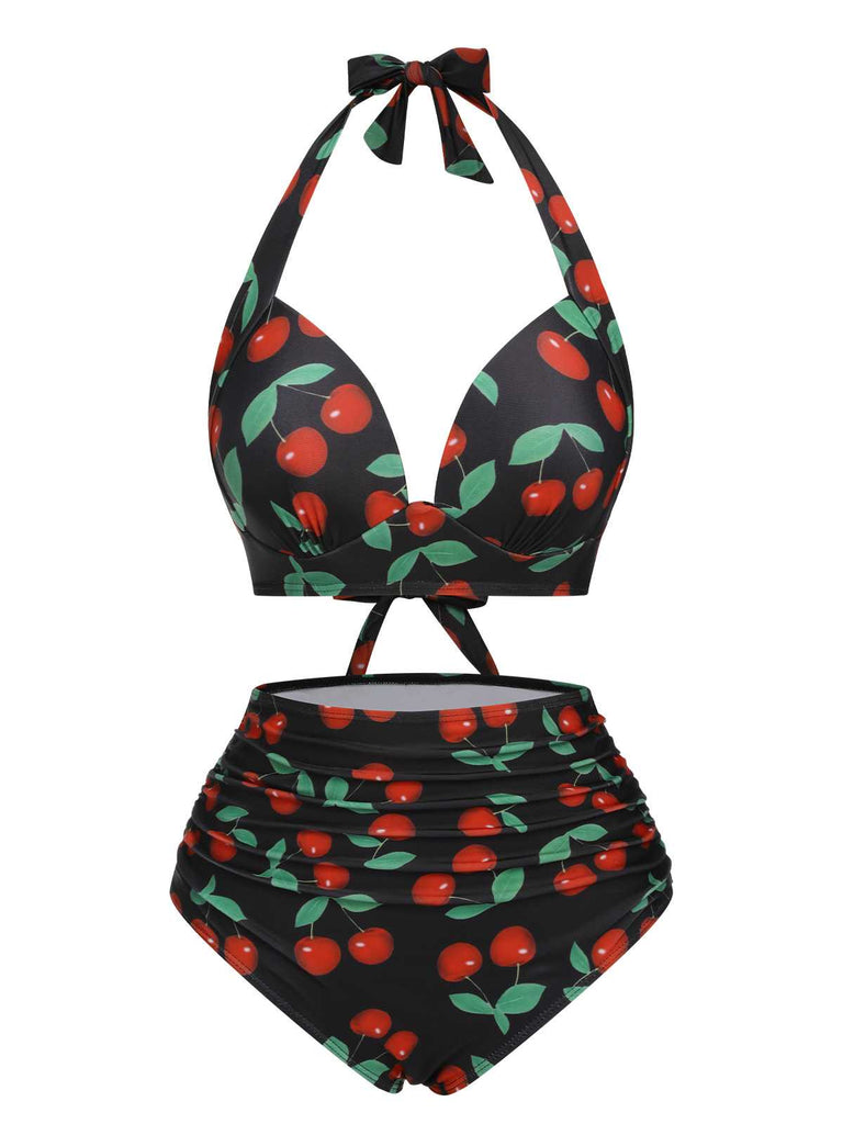 She's wearing Black 1960s Halter Cherry Swimsuit and the whole beach remembers the 1960s