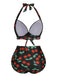 This Black 1960s Halter Cherry Swimsuit carries 1960s vacation dreams in every stitch