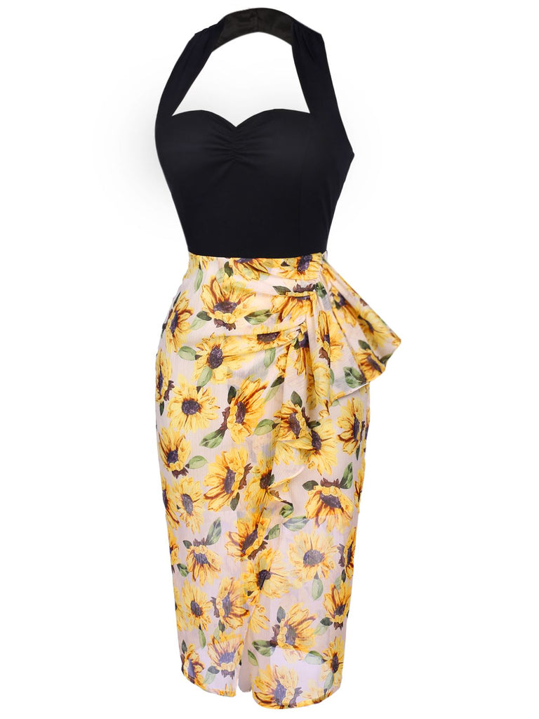 Black 1960s Halter Sunflower Pencil Dress — vintage elegance for the modern woman