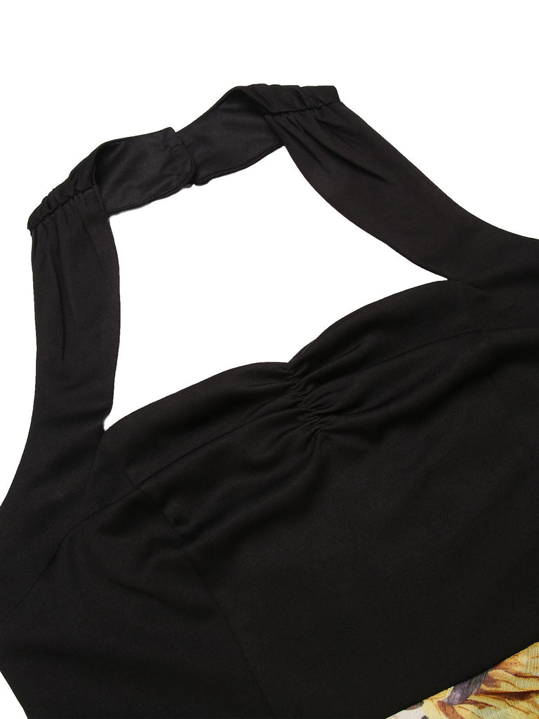 Black 1960s Halter Sunflower Pencil Dress — vintage elegance for the modern woman