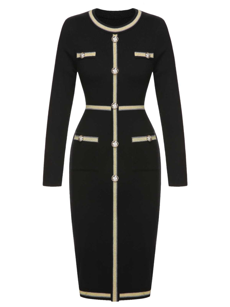 Black 1960s Knitted Buttoned Patchwork Dress — vintage elegance for the modern woman