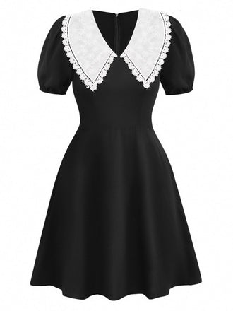 Black 1960s Lace Collar Puff Sleeve Dress - vintage dress, retro fashion, classic black