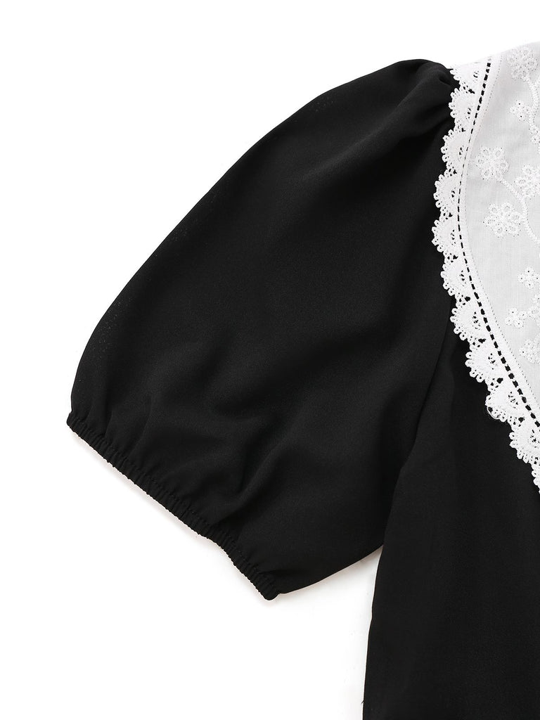 Black 1960s Lace Collar Puff Sleeve Dress - vintage dress, retro fashion, classic black