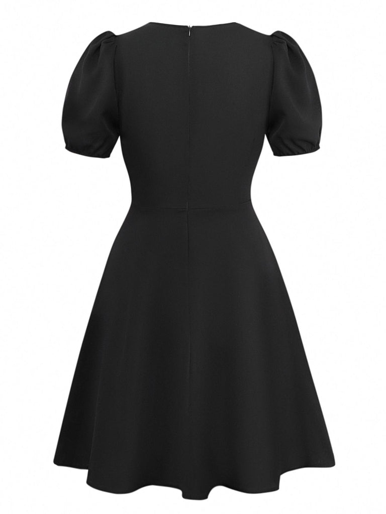 Black 1960s Lace Collar Puff Sleeve Dress - vintage dress, retro fashion, classic black