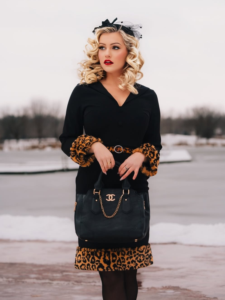 Black 1960s Leopard Plush V-Neck Pencil Dress - vintage dress, retro fashion, classic black