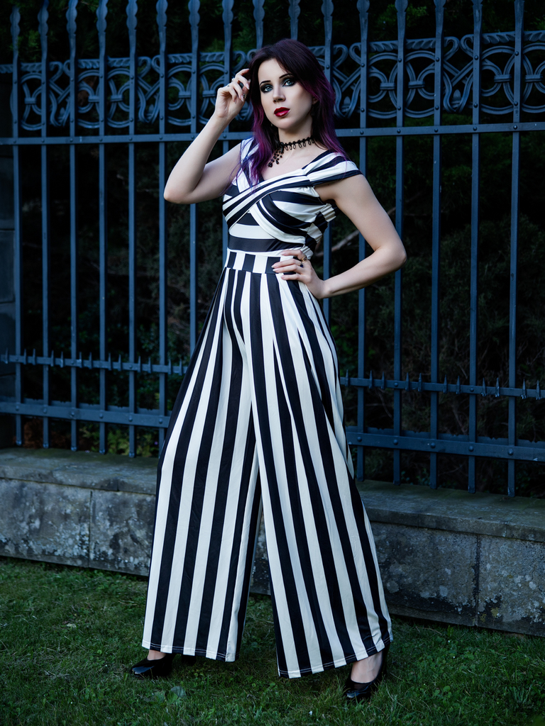 Black 1960s Off-Shoulder Stripes Jumpsuit - vintage jumpsuit, retro fashion, classic black