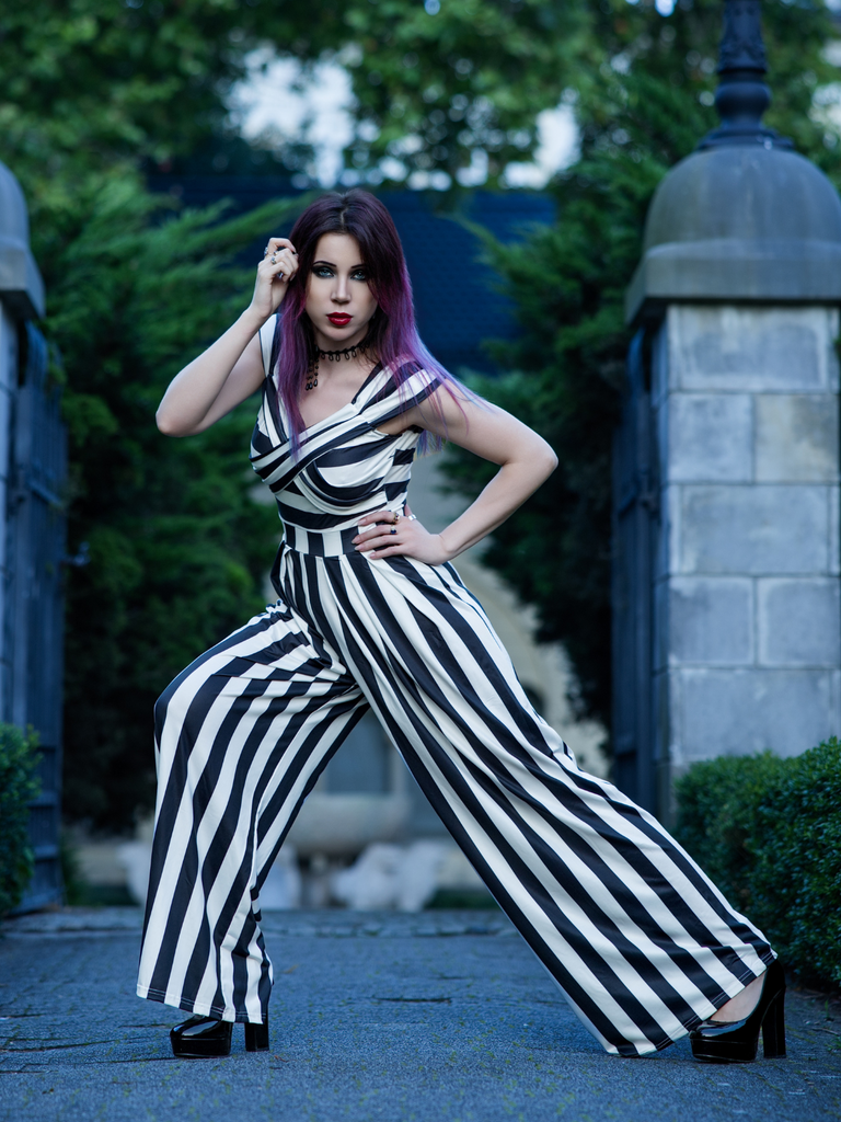 Black 1960s Off-Shoulder Stripes Jumpsuit - vintage jumpsuit, retro fashion, classic black