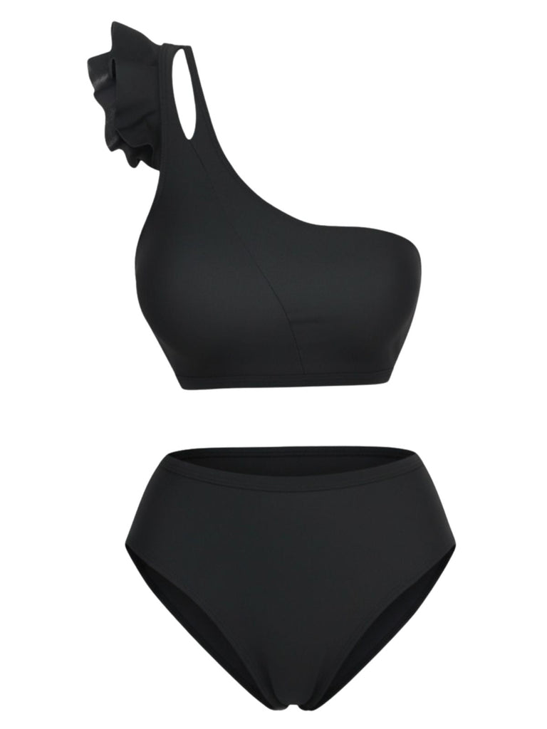 Black 1960s One-Shoulder Ruffle High-Waist Tankini Set, vintage fashion, retro style - perfect for women who love vintage and retro fashion