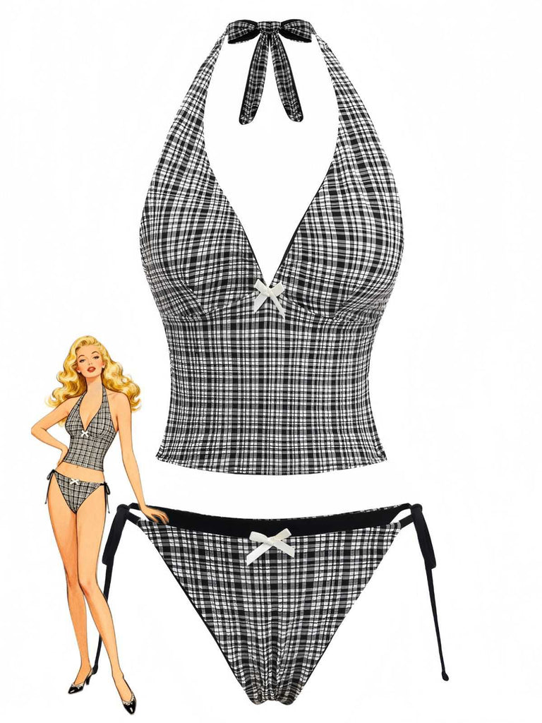 Black 1960s Plaid Deep V Halter Tankini Set - vintage fashion, retro style, classic black