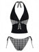 Black 1960s Plaid Deep V Halter Tankini Set - vintage fashion, retro style, classic black