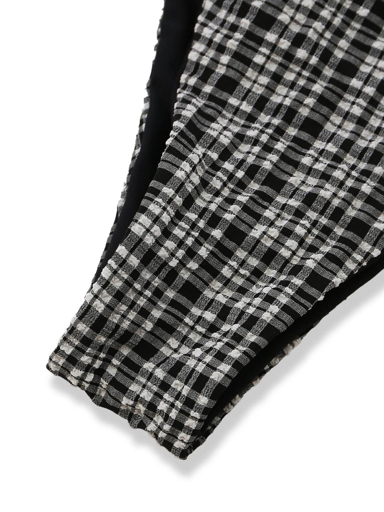 Black 1960s Plaid Deep V Halter Tankini Set - vintage fashion, retro style, classic black
