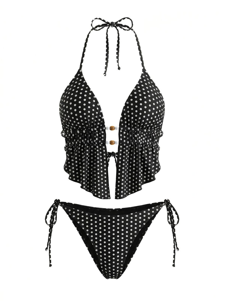 Black 1960s Polka Dot Beaded Cutout Halter Tankini Set - vintage fashion, retro style for vintage lovers