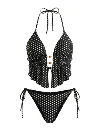 Black 1960s Polka Dot Beaded Cutout Halter Tankini Set - vintage fashion, retro style for vintage lovers