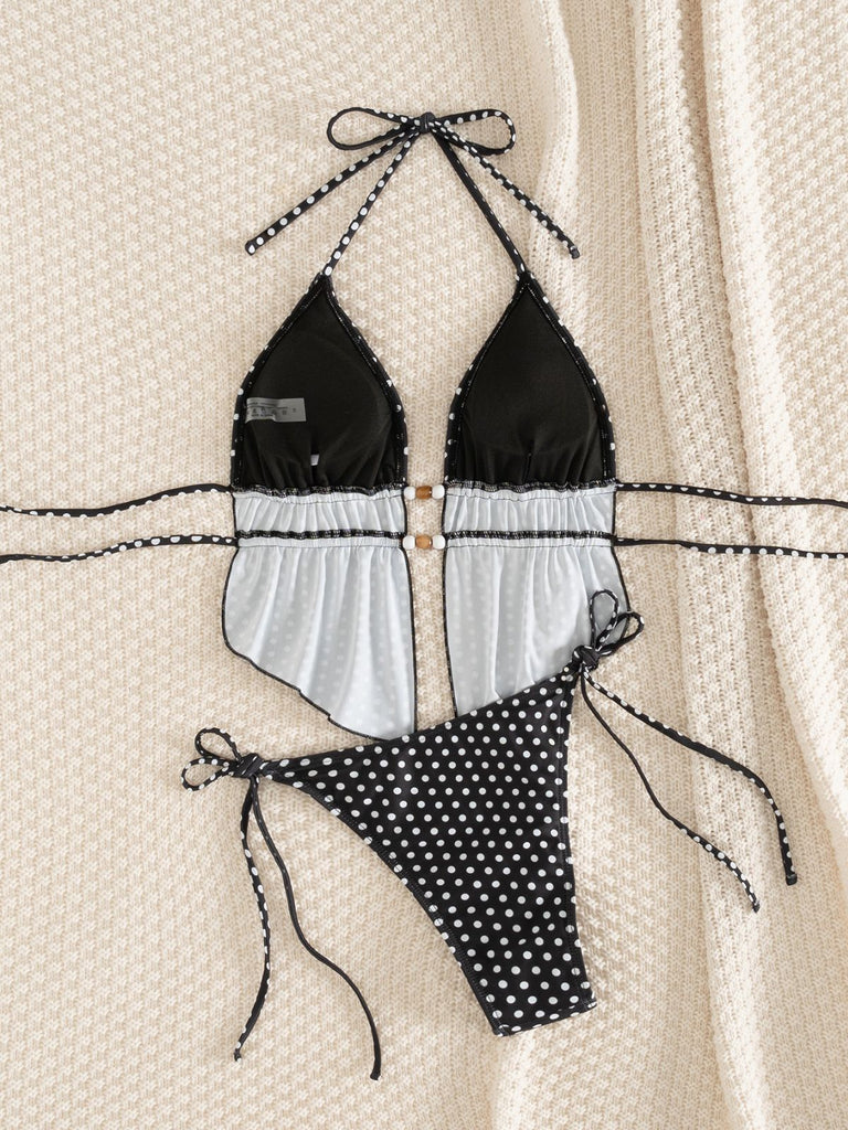Black 1960s Polka Dot Beaded Cutout Halter Tankini Set - vintage fashion, retro style for vintage lovers