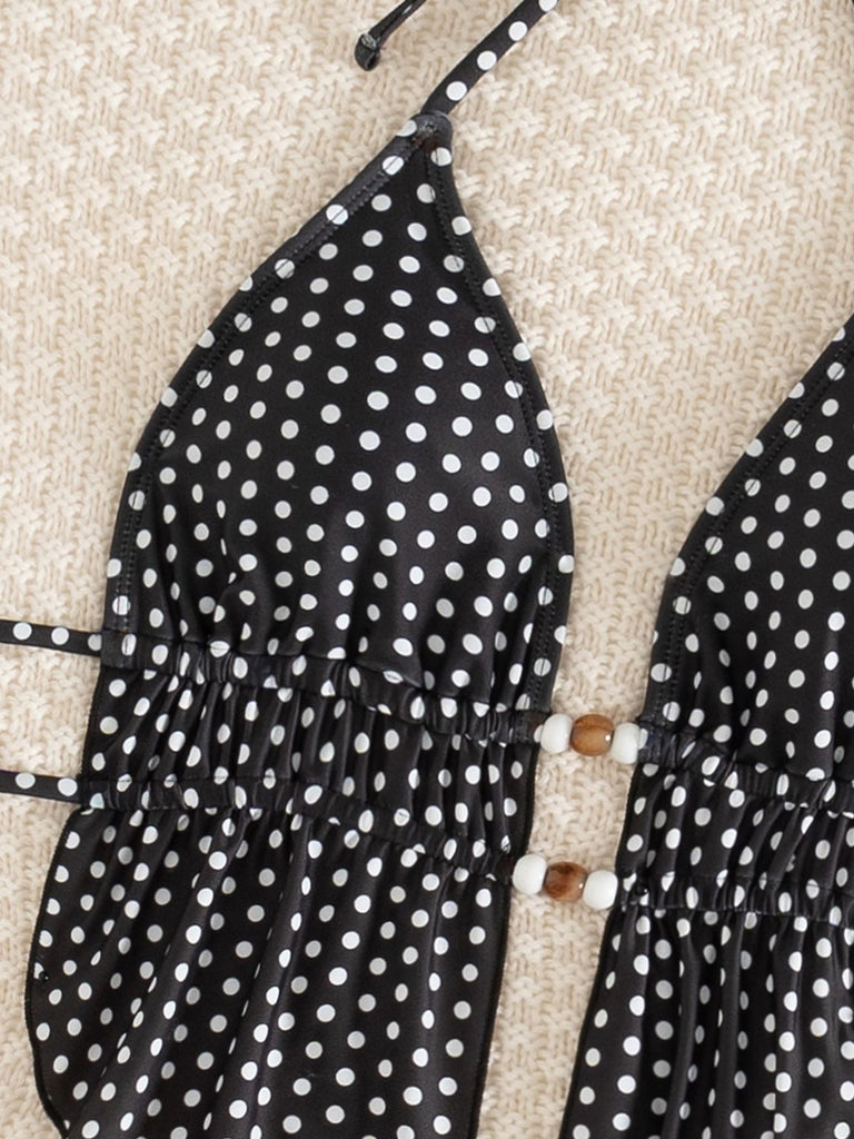 Black 1960s Polka Dot Beaded Cutout Halter Tankini Set - vintage fashion, retro style for vintage lovers