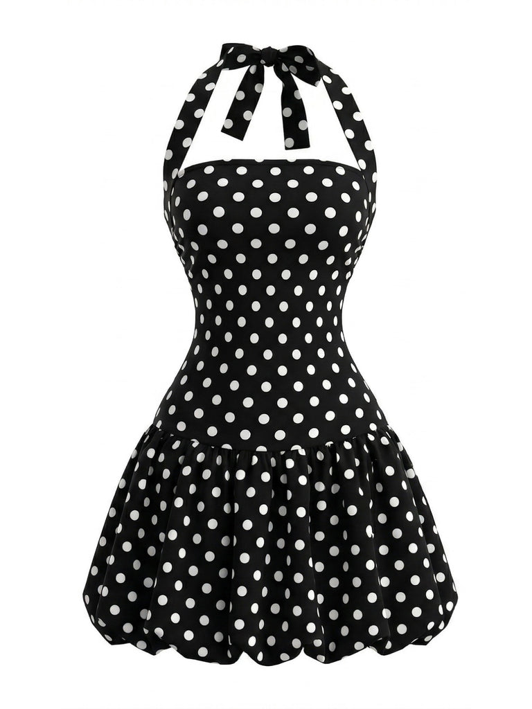 Black-1960s-Polka-Dot-Halter-Bubble-Dress, vintage, retro, dress