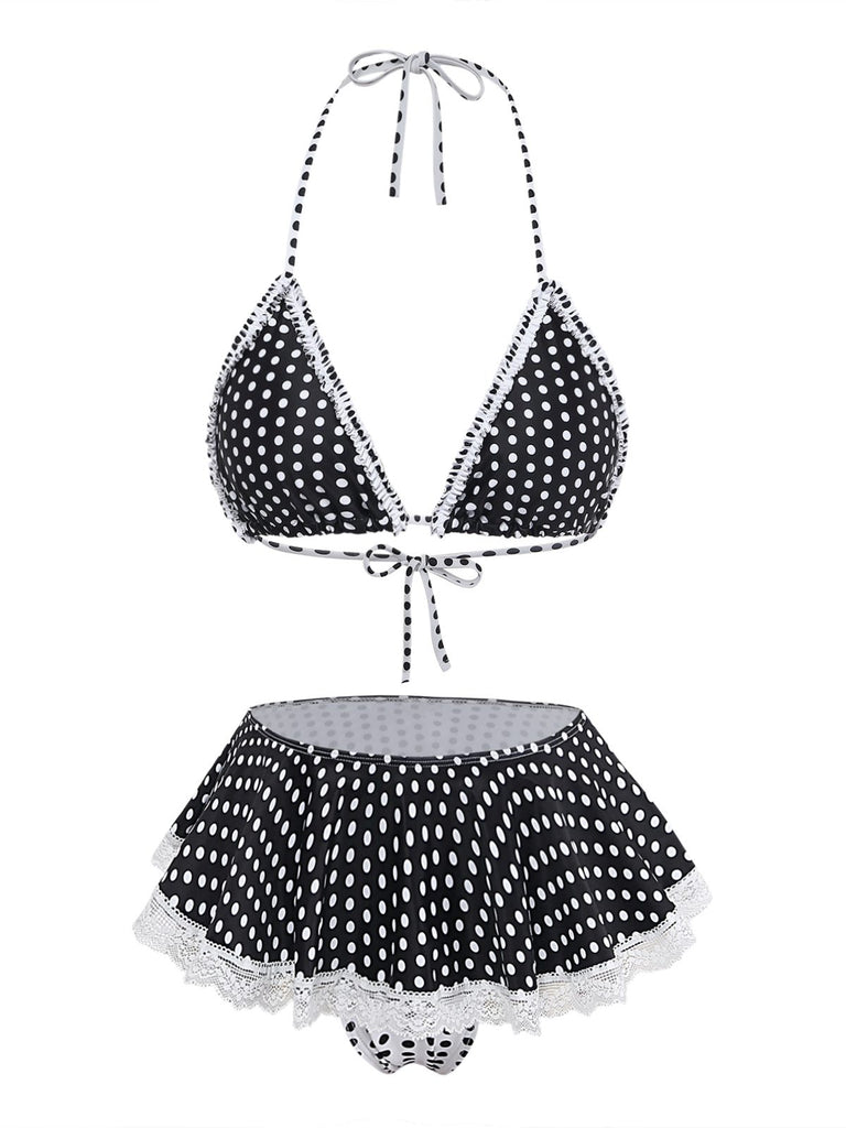 Black 1960s Polka Dot Lace Halter Bikini Set: beautiful vintage swimwear, retro swimsuit, pin-up style with timeless appeal