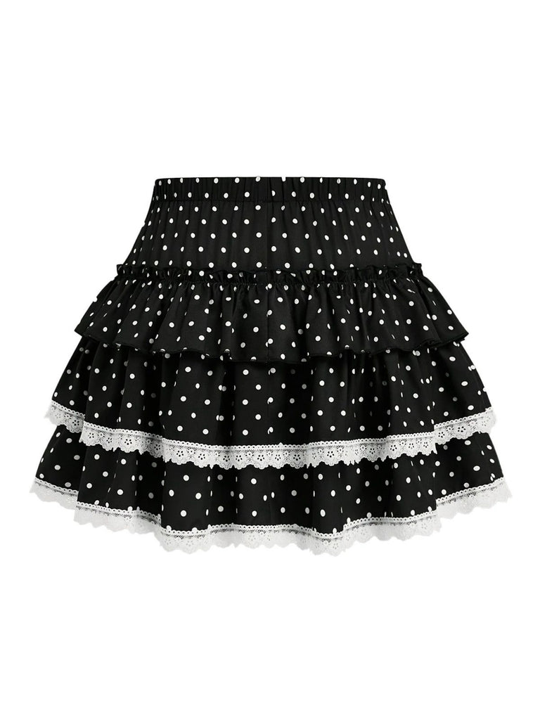 Black 1960s Polka Dot Lace Ruffle Mini Skirt - vintage skirt, retro style, classic black