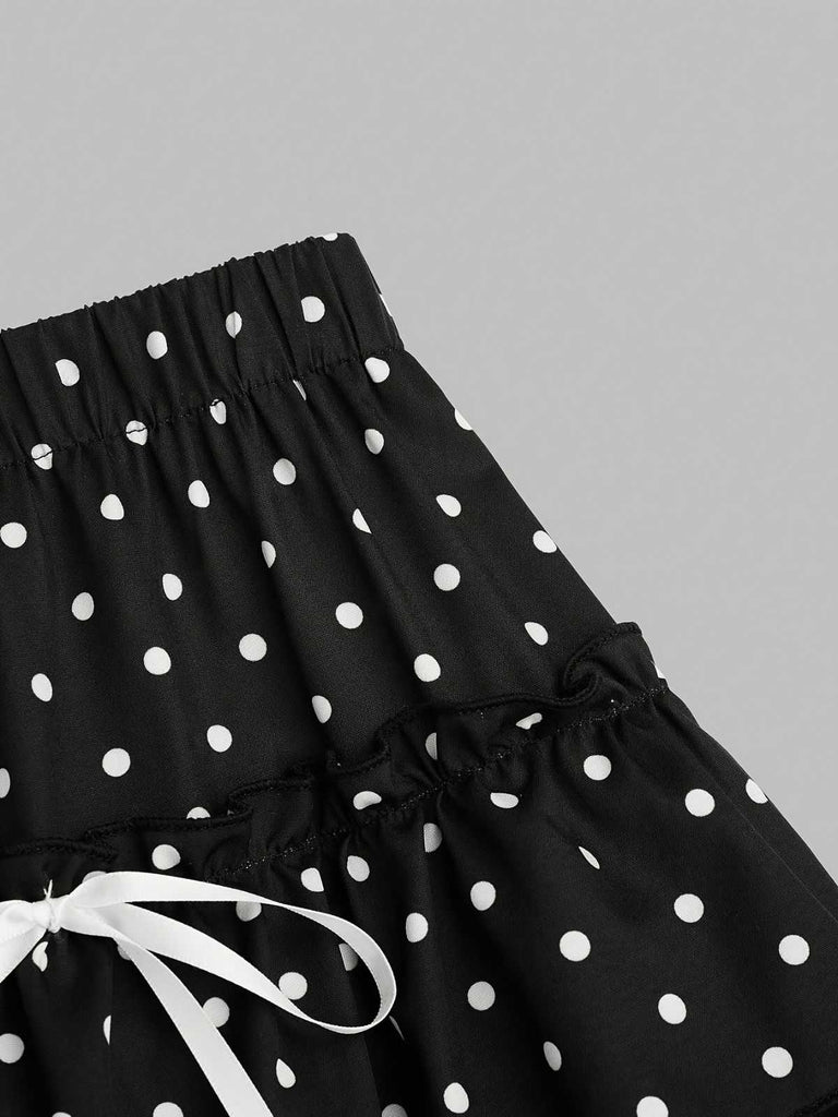 Black 1960s Polka Dot Lace Ruffle Mini Skirt - vintage skirt, retro style, classic black