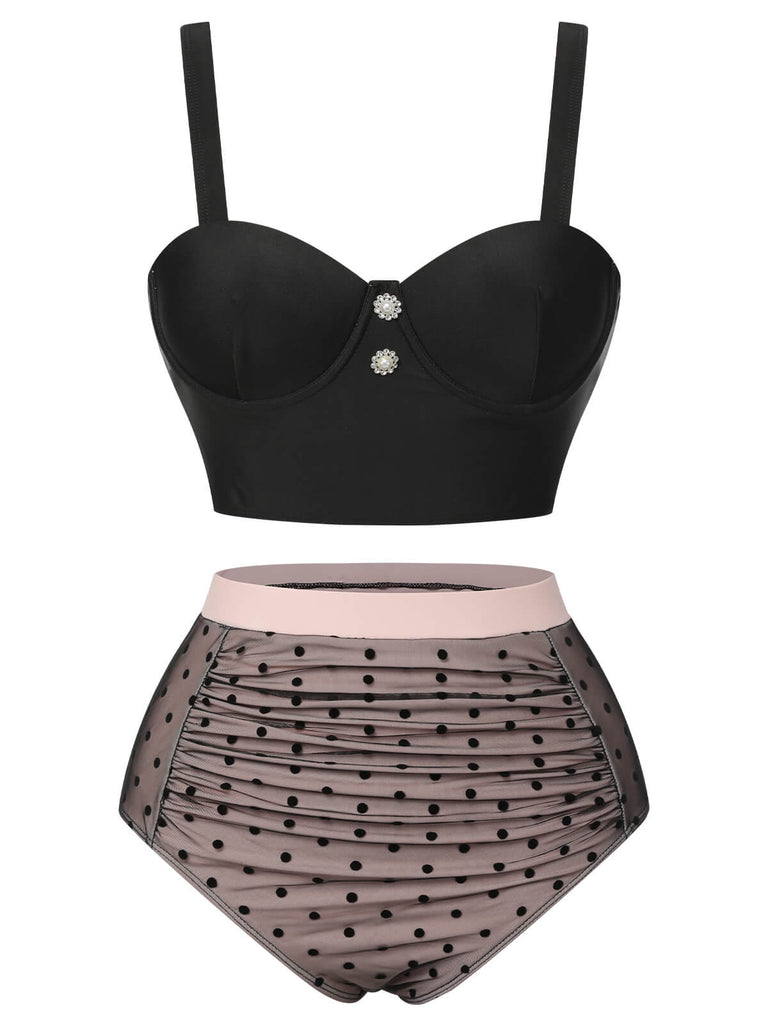 Black 1960s Polka Dots Mesh Swimsuit, vintage swimsuit, pin-up swimwear - perfect for women who love vintage and retro fashion