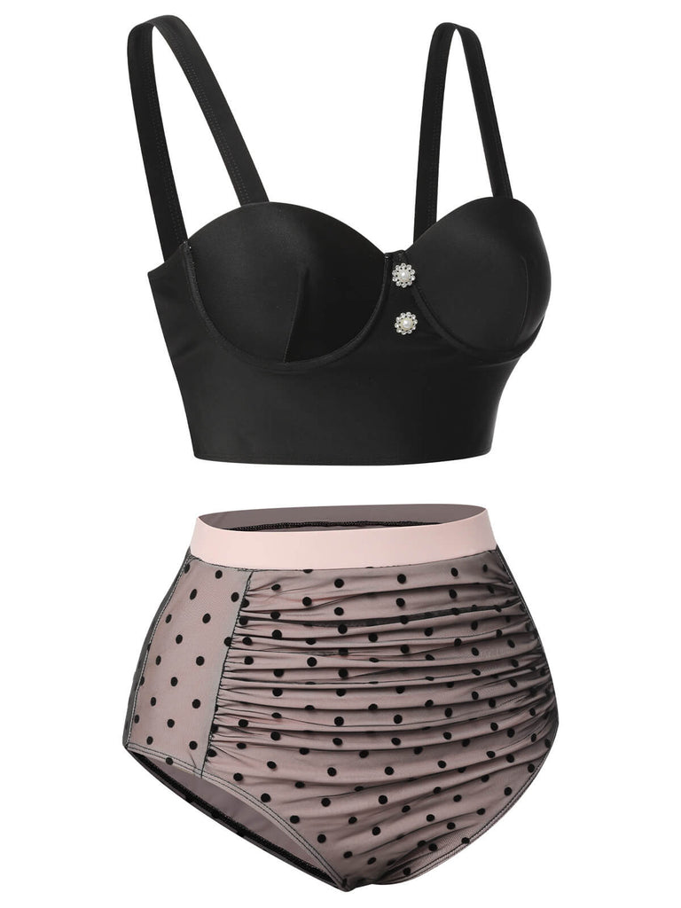 Black 1960s Polka Dots Mesh Swimsuit, vintage swimsuit, pin-up swimwear - perfect for women who love vintage and retro fashion
