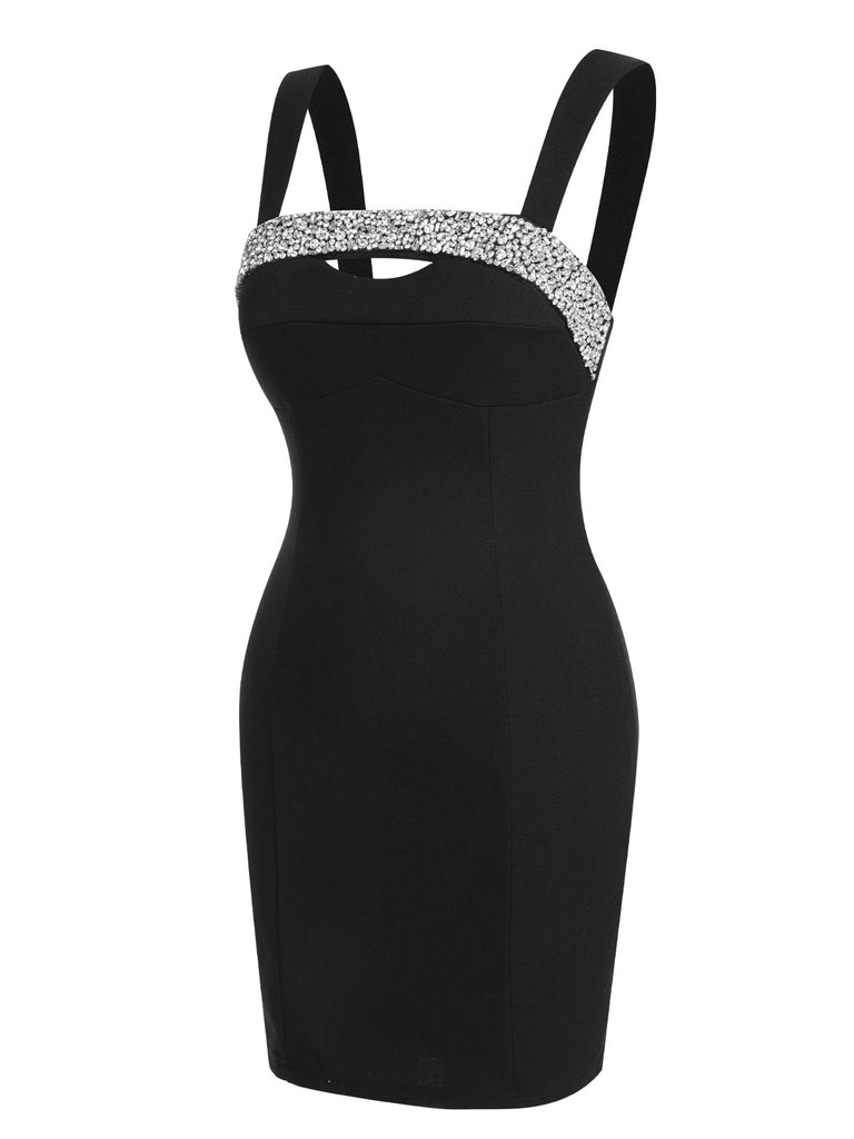 Black 1960s Rhinestone Patchwork Neck Mini Dress, vintage dress, retro fashion - perfect for women who love vintage and retro fashion