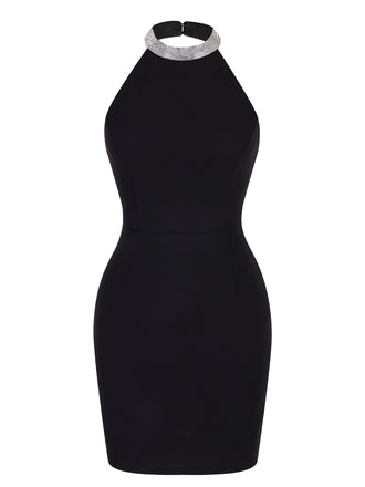 Black 1960s Rhinestone Solid Halter Dress, vintage dress, retro fashion - perfect for women who love vintage and retro fashion