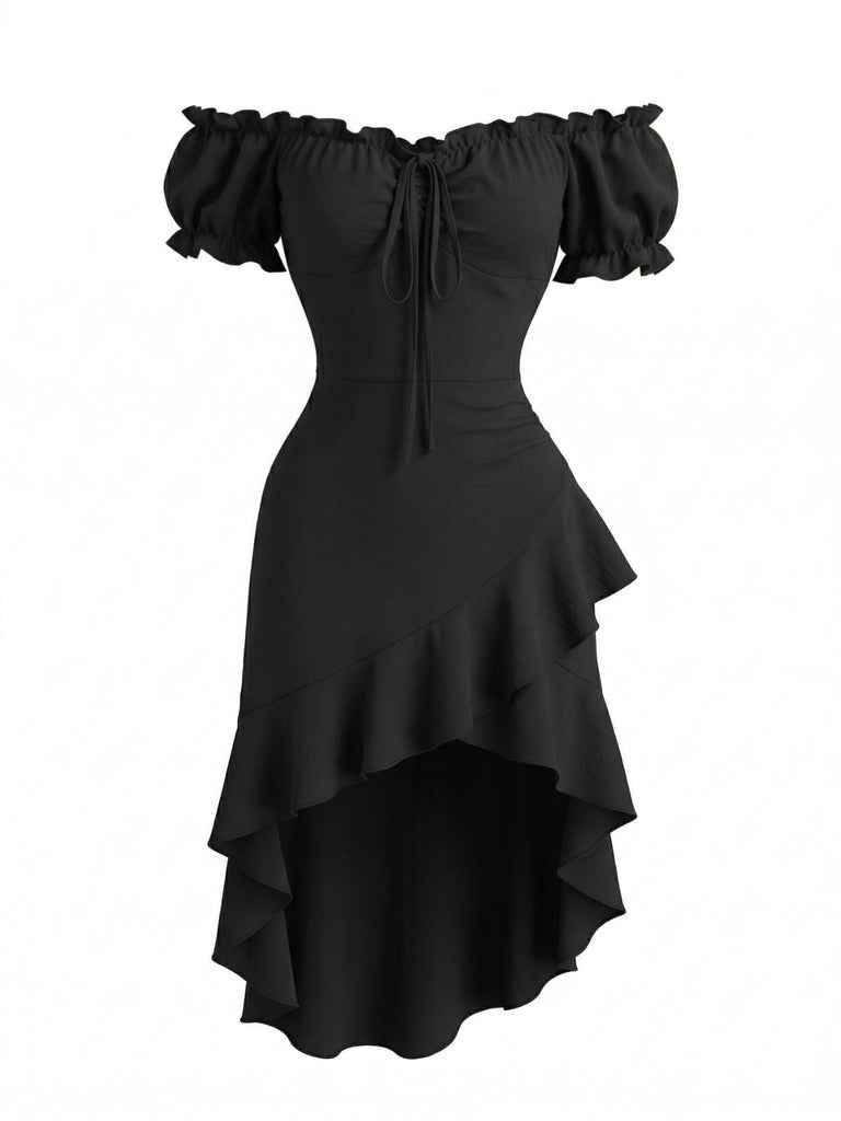Black 1960s Ruffle Off Shoulder Midi Dress, vintage dress, retro fashion - perfect for women who love vintage and retro fashion