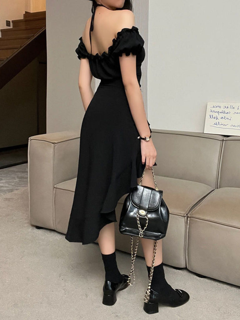 Black 1960s Ruffle Off Shoulder Midi Dress, vintage dress, retro fashion - perfect for women who love vintage and retro fashion