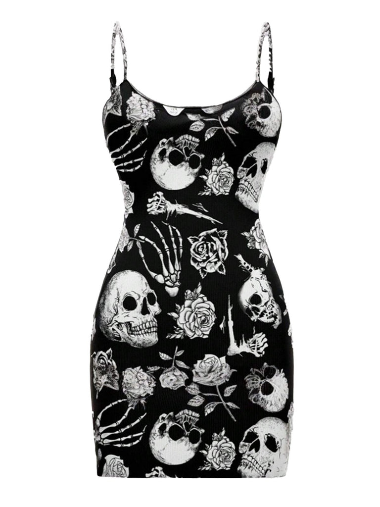 Black 1960s Skull Rose Halloween Bodycon Dress - vintage dress, retro fashion, classic black