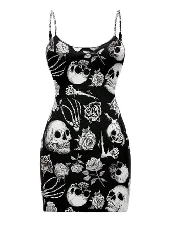 Black 1960s Skull Rose Halloween Bodycon Dress - vintage dress, retro fashion, classic black