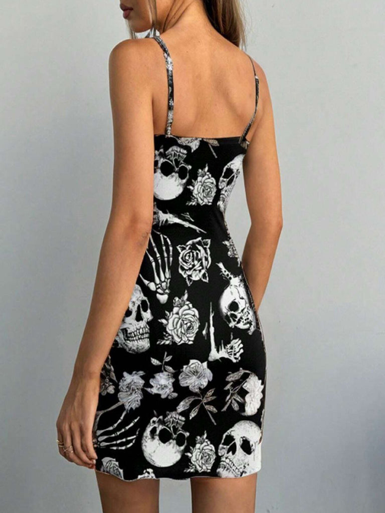 Black 1960s Skull Rose Halloween Bodycon Dress - vintage dress, retro fashion, classic black